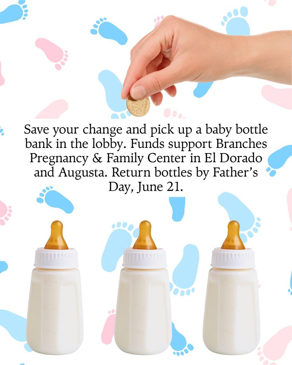 first_augusta's tweet photo. Every coin makes a difference. 💙🩷

Pick up a baby bottle bank in the lobby and help support families through Branches Pregnancy &amp; Family Center. Fill it with your spare change, cash, or checks and return it by Father’s Day, June 21. https://t.co/cjS4LLJ5cA