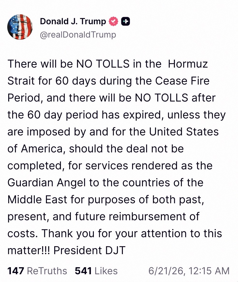 graceewang's tweet photo. 🚨 Breaking:

🇺🇸🇮🇷 President Trump just dropped this:

"No tolls in the Strait of Hormuz unless the U.S. puts them there."

Before this, Iran said the strait is closed already.

Something really bad is going down... https://t.co/yk63uJKZQh