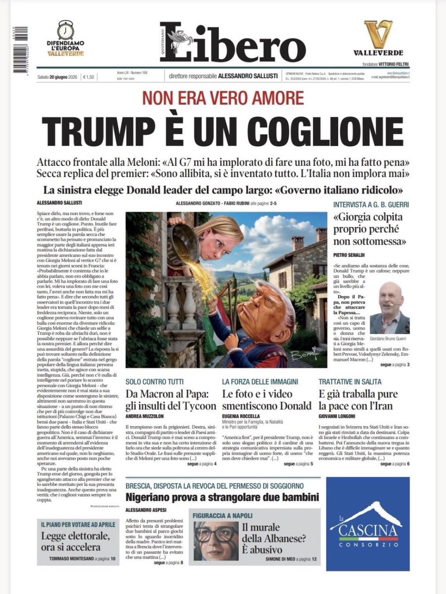 michaeldweiss's tweet photo. No one can accuse the Italian right of being evasive. “Trump is an asshole,” runs the front page headline in Libero. https://t.co/xt9tnV74iD