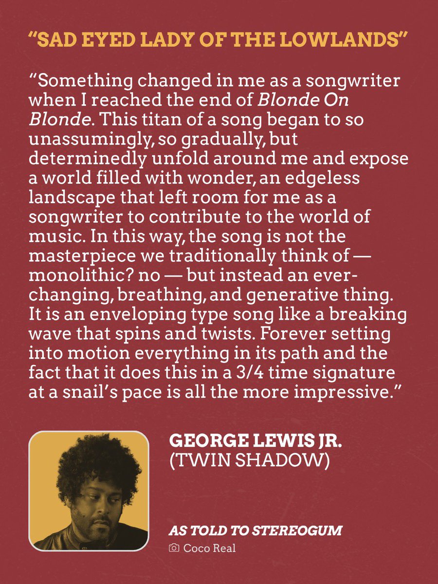 stereogum's tweet photo. Bob Dylan's 'Blonde On Blonde' was released 60 years ago today. A few years back, Stereogum asked dozens of musicians to choose their favorite Dylan song, and naturally, several picks came from this landmark double album.

What’s your favorite track from ‘Blonde On Blonde’? https://t.co/DErSNPQbQH