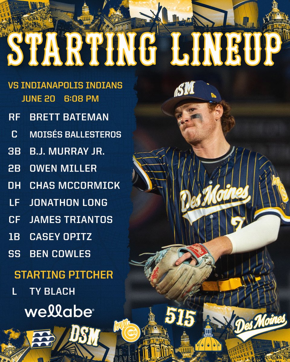 IowaCubs's tweet photo. Second game in our Capital City Uniforms!
📺 https://t.co/06uW5OsZKv, https://t.co/COaFAWoDQs, or the MiLB app
📻 93.7 The Outlaw, HOPE 940AM - https://t.co/n6Qj4MBjNe
#iowacubs #milb #onlyindesmoines #IOWAAA #capitalcity https://t.co/bE8ur6lXk1