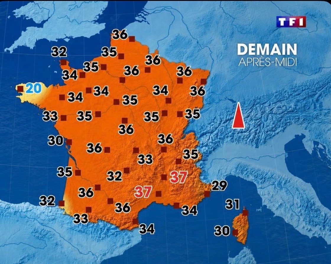 Leseerlaubnis's tweet photo. Spannend. 2014 hat man in Frankreich einen Blick in das Jahr 2050 gewagt. 

2026 ist es bereits sehr viel schlimmer. 

Die Menschen unterschätzen meist, wie extrem Veränderungen kommen, wenn sie kommen. 

Das war die Wetterkarte, die am 19.06.2026 real gezeigt wurde. https://t.co/yAl8nt5QpS