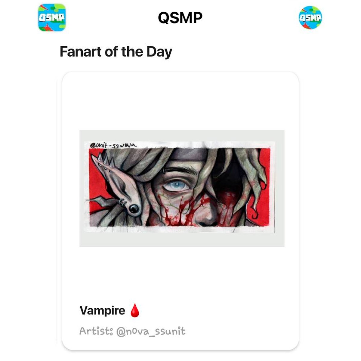 QSMPGlobal's tweet photo. @n0va_ssunit Congratulations! 🥳

Your art has been featured on the official QSMP app!  You’ve won an exclusive badge available only to the incredible artists of our community!

Please send us your QSMP app username via DM to award you with this badge❣️ https://t.co/tMLCd3Hc4e
