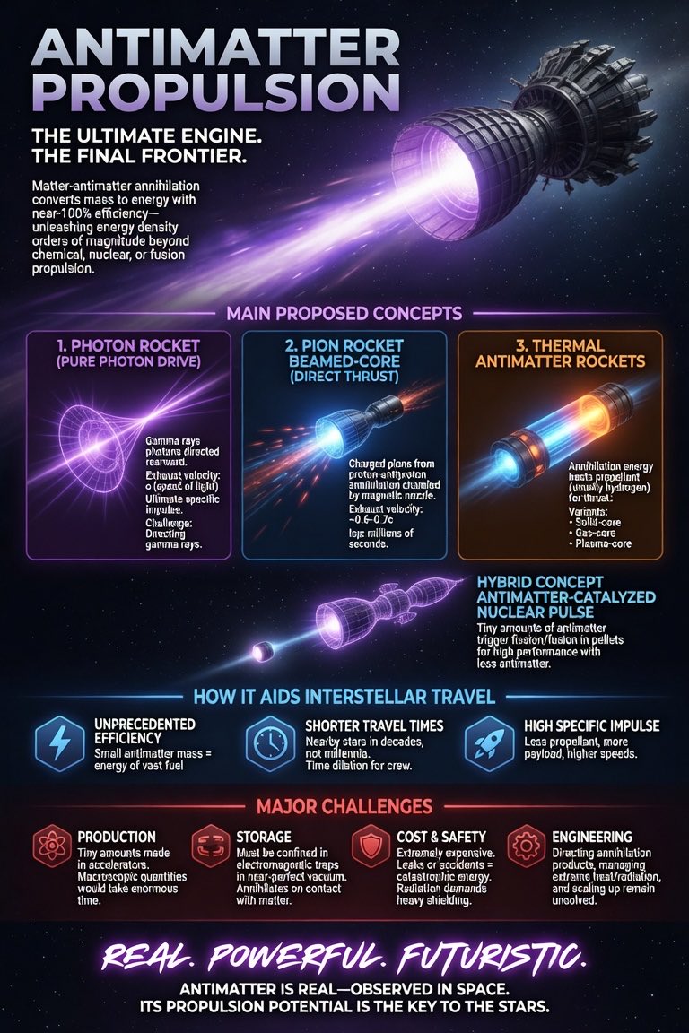 DeepBlueCrypto's tweet photo. ANTIMATTER PROPULSION SYSTEMS 

Antimatter propulsion uses the enormous energy from matter-antimatter annihilation to generate thrust. Because annihilation converts mass directly into energy at near-100% efficiency, these systems offer extremely high specific impulse (a measure of efficiency) and energy density—orders of magnitude better than chemical rockets, nuclear thermal rockets, or even fusion concepts.

Main Proposed Concepts

1.  Photon Rocket (Pure Photon Drive)
 Annihilation produces gamma rays/photons directed rearward. In theory, photons have the highest possible exhaust velocity (the speed of light), giving the ultimate specific impulse. Practical challenges include directing gamma rays.

2.  Pion Rocket / Beamed-Core (Direct Thrust)
 Antiproton + proton annihilation produces charged pions. These are channeled and directed by strong magnetic fields (a “magnetic nozzle”). This provides both high thrust and very high exhaust velocity (around 0.6–0.7 times the speed of light). Specific impulse can reach millions of seconds.

3.  Thermal Antimatter Rockets
 Annihilation energy heats a conventional propellant (usually hydrogen). The hot gas is expelled through a nozzle. Variants include:
•  Solid-core: Annihilation heats a refractory metal block; propellant flows through channels.
•  Gas-core / Plasma-core: Higher temperatures and efficiencies using magnetic confinement.

Hybrid concepts (antimatter-catalyzed nuclear pulse propulsion) use tiny amounts of antimatter to trigger fission or fusion in pellets, reducing the antimatter needed while still delivering high performance.

How It Aids Interstellar Travel

•  Unprecedented efficiency: Small amounts of antimatter + matter could provide energy equivalent to vast quantities of conventional fuel. This enables spacecraft to reach significant fractions of the speed of light.

•  Shorter travel times: Nearby stars could be reached in decades instead of tens of thousands of years. Relativistic time dilation would shorten the subjective trip for the crew.

•  High specific impulse means less propellant mass is needed overall, allowing more payload or higher final speeds.

Major Challenges

•  Production: Only tiny amounts are produced in particle accelerators. Current rates would take enormous time to make macroscopic quantities.
•  Storage: Antimatter annihilates instantly on contact with matter. It must be held in electromagnetic traps in near-perfect vacuum.
•  Cost and safety: Extremely expensive to produce. Any leak or accident would release catastrophic energy. Radiation requires heavy shielding.
•  Engineering: Directing annihilation products efficiently, managing extreme heat/radiation, and scaling up remain unsolved.

In summary, antimatter is real and already observed in space. Its cosmic asymmetry explains why the universe exists as it does. For propulsion, it represents the theoretical pinnacle of rocket efficiency—potentially enabling practical interstellar travel—but production, storage, and engineering hurdles mean it remains a futuristic concept.