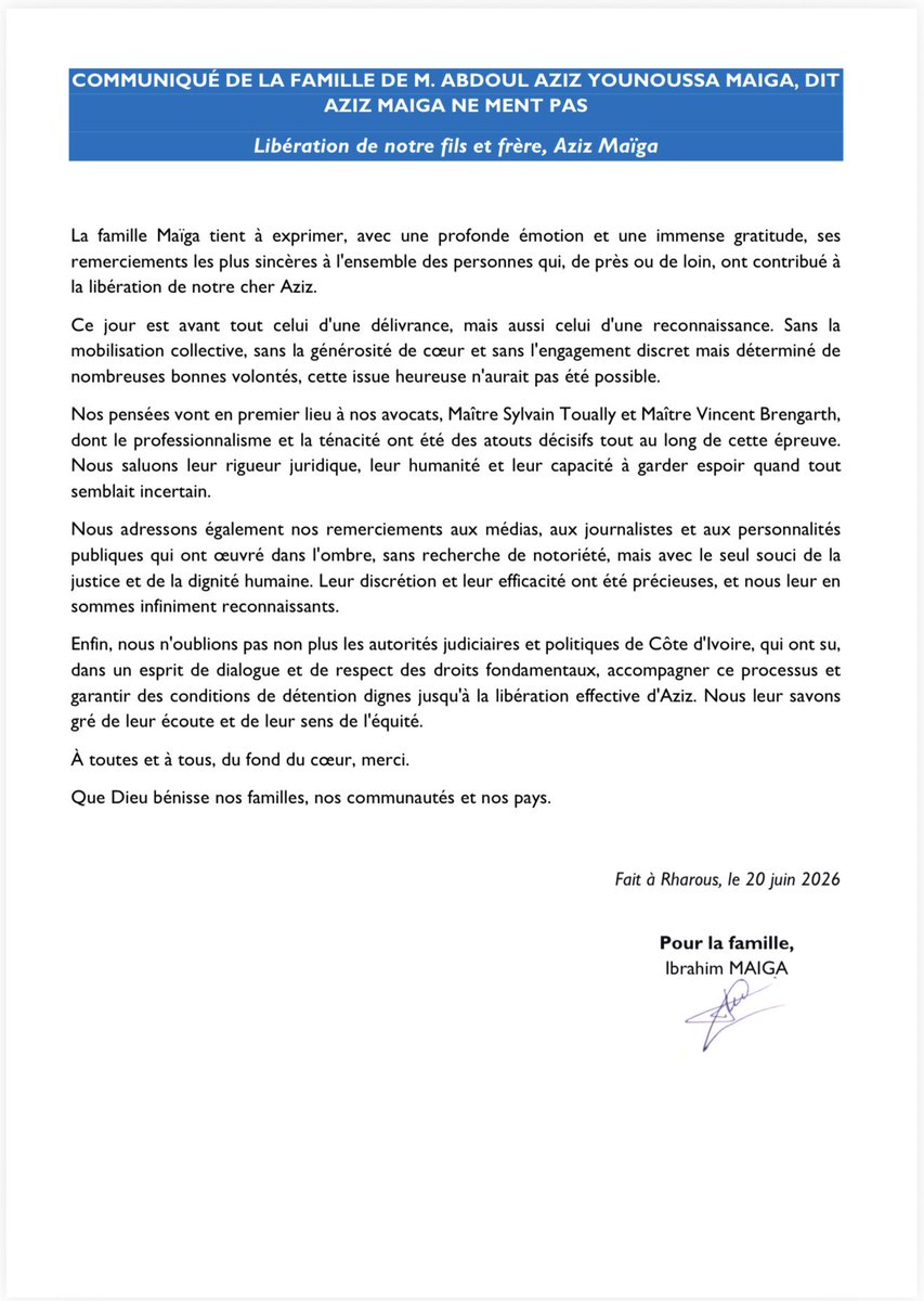 AzizMaigaNMP's tweet photo. COMMUNIQUÉ DE LA FAMILLE DE AZIZ MAÏGA, APRÈS SA LIBÉRATION HIER 19 JUIN PAR LA JUSTICE IVOIRIENNE.

Ibrahim Maïga/ Deuxième administrateur. https://t.co/2c57F31ysz