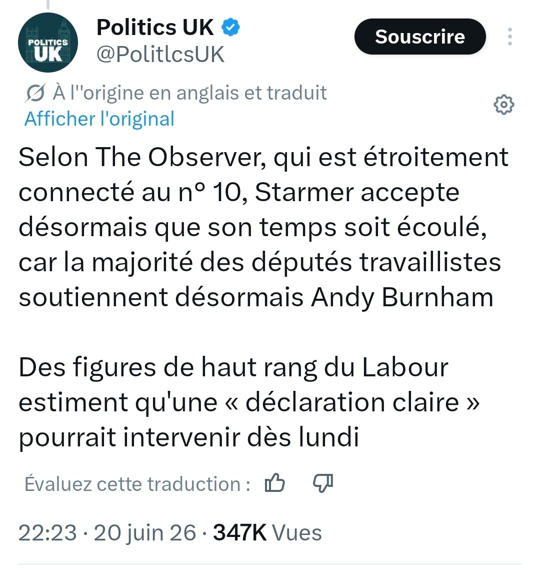 MagLiber3's tweet photo. #Starmer 🇦🇮
Cela semble le début de la fin des Europeistes ! 🔥🎥
Popcorn 🐸🍿🍿🍿🍿

Le journal The Observer (et relayé par Reuters, BBC, Guardian, etc.) indique que #Starmer est attendu pour démissionner lundi et annoncer un calendrier ordonné de sortie. Il aurait discuté avec sa femme à Chequers ce week-end. Des alliés confirment qu’il est prêt à partir.

Marchés et rumeurs : Les paris (Polymarket) donnent plus de 90-98 % [1️⃣7️⃣😉😎] de chances qu’il parte très bientôt. 

Sur X,  c’est en trending avec des posts viraux annonçant sa démission lundi .