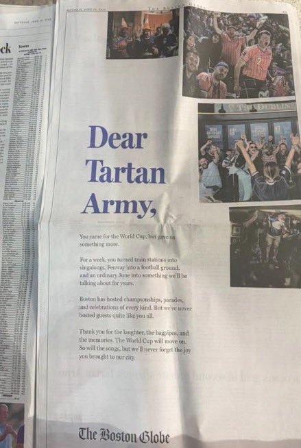 FamousTartan's tweet photo. The Globe Newspaper in Boston has written  this open letter to the tartan army in today’s edition.  👏👏👏🏴󠁧󠁢󠁳󠁣󠁴󠁿🤝 🇺🇸 
“Dear Tartan Army, you came for the World Cup, but gave us something more. "For a week, you turned train stations into singalongs, Fenway into a football ground … https://t.co/KQkyhy2Xol