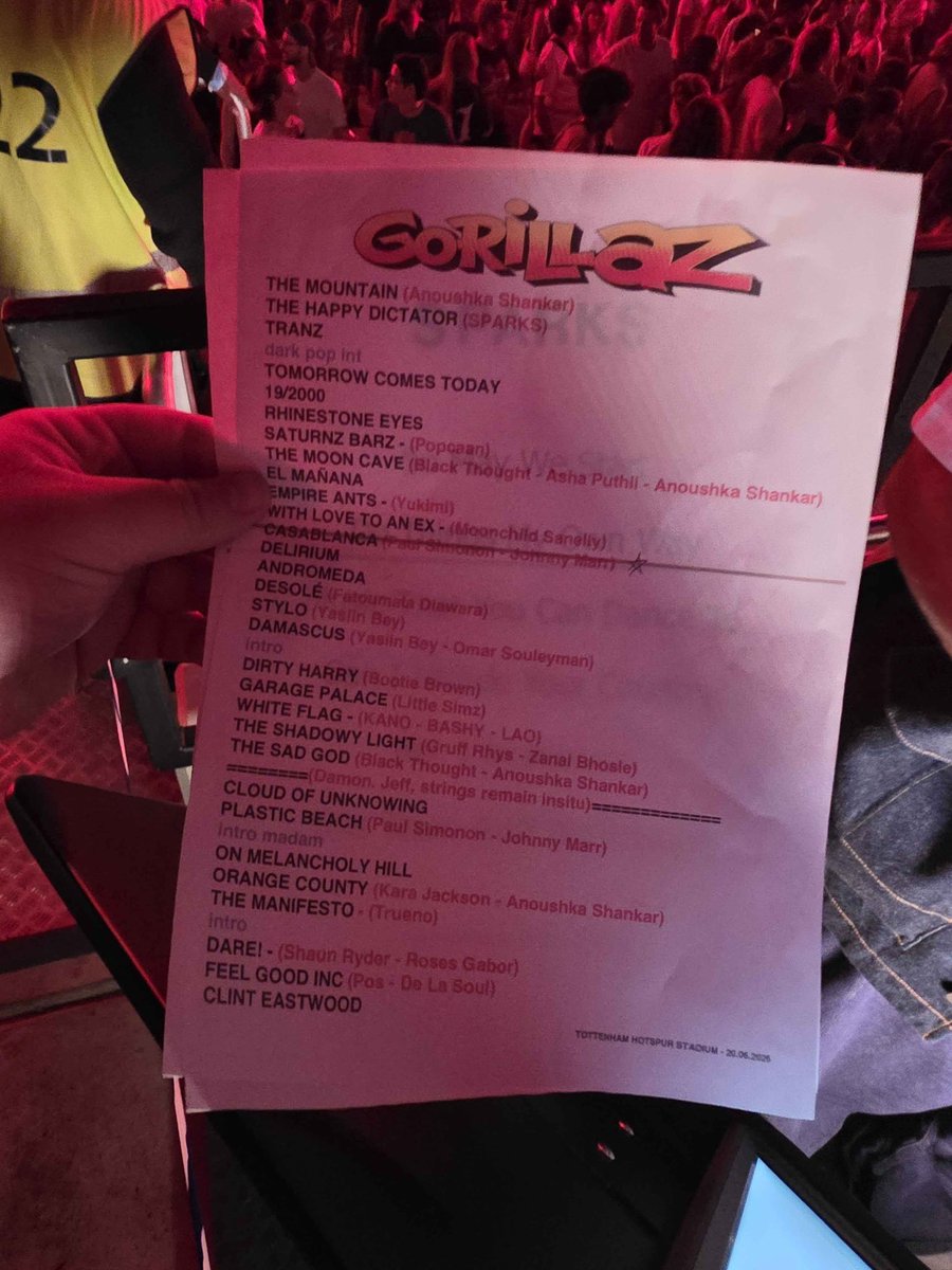 gorillaz_arg's tweet photo. 🔥 LISTA DE TEMAS DEL PRIMER ESTADIO DE GORILLAZ

❗ DEBUT EN EL TOUR: Empire Ants, White Flag, Plastic Beach y DARE.

✍️ 10 canciones de THE MOUNTAIN, 7 de PLASTIC BEACH, 4 de DEMON DAYS, 3 del ALBUM HOMONIMO, 3 de HUMANZ, 2 de SONG MACHINE y 1 de THE NOW NOW.

⏰ El show duró DOS HORAS Y MEDIA, el show MAS LARGO y con MAS CANCIONES en TODA LA HISTORIA DE LA BANDA 🤯

⛈️ Y todo esto, con los shows soportes de TRUENO y SPARKS 😮‍💨

El MEJOR SHOW de la HISTORIA DE GORILLAZ. NO MORE BAD NEWS.