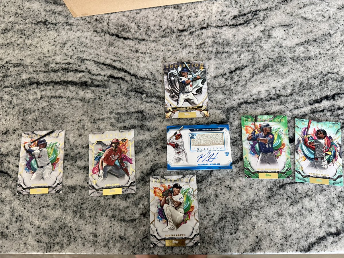 CDW250's tweet photo. My 1 inception hobby box! Mayer /75, Hellman base relic auto /25 and sp of Rushing. Nothing crazy but always one of my favorite products with their designs! @CardPurchaser https://t.co/AxJLiEaIau