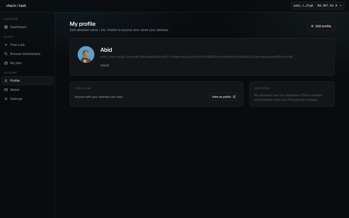 _armanabid's tweet photo. Piece of Pie Hackathon
Week 8 of building ChainTask - a trustless on-chain job marketplace on Cardano.

Done this week:
- Contracts deployed to Cardano Preview testnet
- Admin NFT minted + GlobalConfig UTxO posted in one bootstrap tx
- First end-to-end on-chain flow live: self-attested profiles
- Frontend reads back its own writes from chain

Next week: finishing the remaining frontend work and deploying the app to a production server.

Bootstrap tx (admin NFT + GlobalConfig):
https://t.co/SHOEcMwxzz

First profile update from the UI:
https://t.co/ymsKUl5q7R

https://t.co/s9NWwLvra4
https://t.co/u6wD4GlJI5

@gimbalabs #gimbalabs #pieceofpie #hackathon