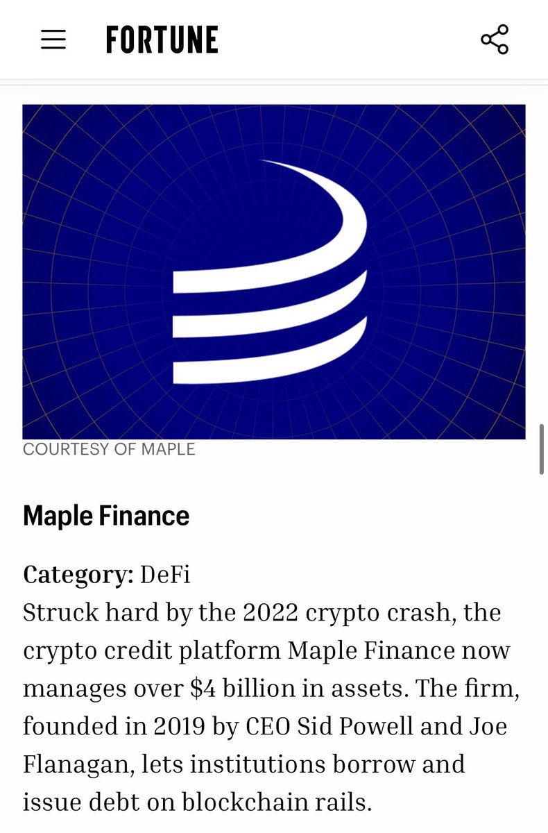 Leenniiss's tweet photo. Fortune is one of the biggest names in global business journalism, the magazine behind the Fortune 500. They don’t chase crypto hype, so when they cover this space, it means something.

@maplefinance is the only onchain credit platform on their 2026 Crypto Innovators list 30 companies across the US, Europe and Asia recognized for actually moving the digital asset space forward.

Everyone else on that list is exchanges, infra, custody. 

Maple is the one bringing institutional credit onchain,  real lending markets, real underwriting, just without the legacy rails.

Recognition like this is top notch 🥞