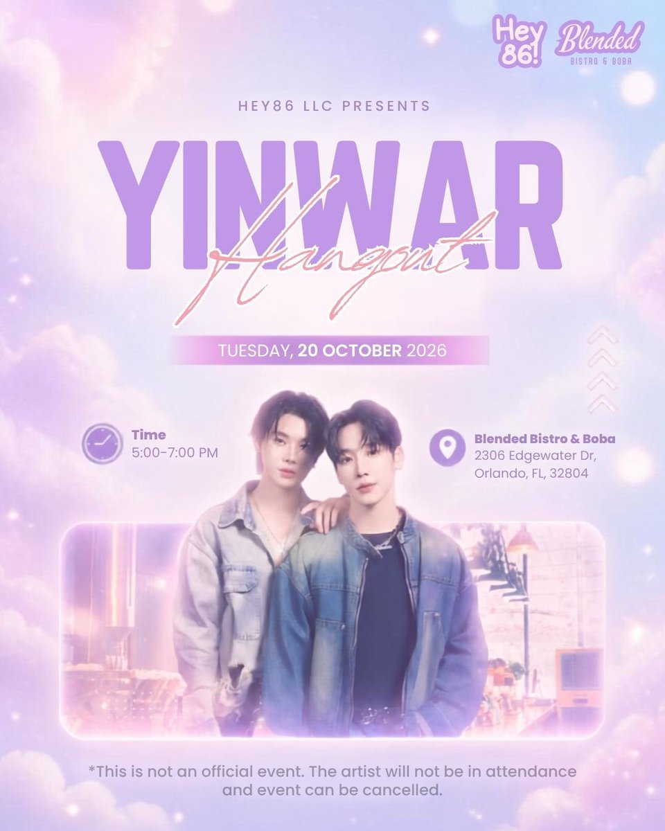 hey86official's tweet photo. YINWAR Hangout

Join us on October 20th at Blended Bistro &amp; Boba at 5PM for a special celebration.

Free admission
Photozone
Vendors

#HEY86 #YINWARHANGOUT #YINWAR #BL #ORLANDO https://t.co/yZGMdGh24C