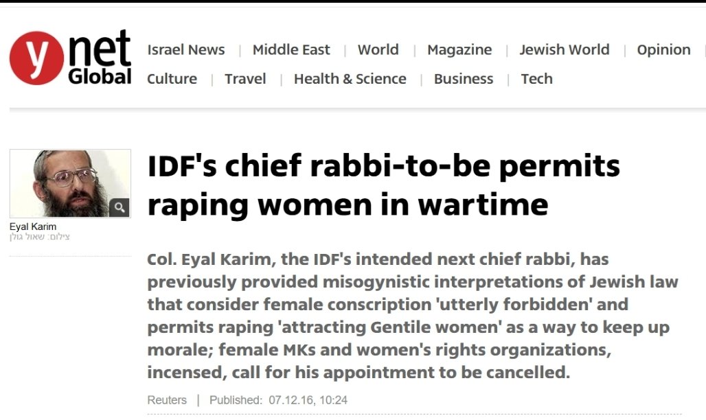 Haqiqatjou's tweet photo. If Israel doesn't want to be accused of rape, maybe they shouldn't have appointed a pro-rape rabbi to counsel their military. https://t.co/MREhBavQEg
