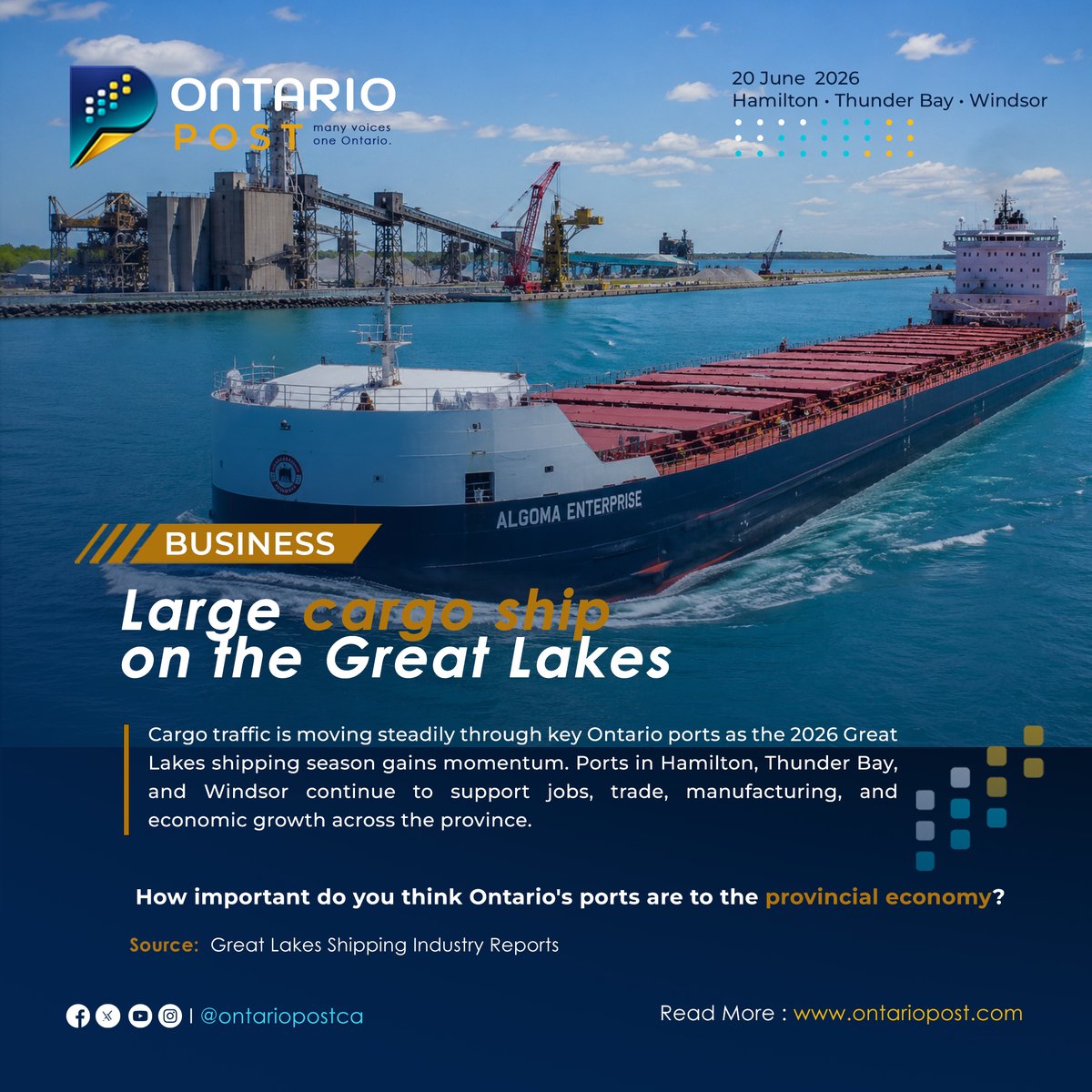 TheOntarioPostM's tweet photo. Ontario ports see strong start to the shipping season

https://t.co/DSxp1n7ubO

#OntarioNews #OntarioEconomy #Shipping #GreatLakes #HamiltonPort #ThunderBay #Windsor #Trade #Business #TheOntarioPost #ManyVoicesOneOntario https://t.co/WFTsdZyhC5