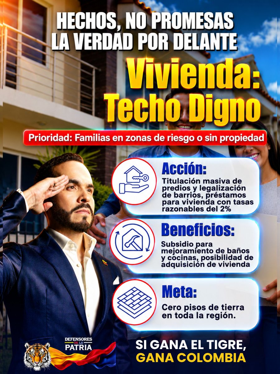 abelardohoy's tweet photo. Con El Tigre 🐅 volverá la vivienda y techo digno a Colombia, se priorizaran las familias en zonas de riesgo y sin propiedades.

#MiVotoPorElTigre #DeLaEspriellaHoy #AbelardoPresidente https://t.co/JBbZN8aJ07