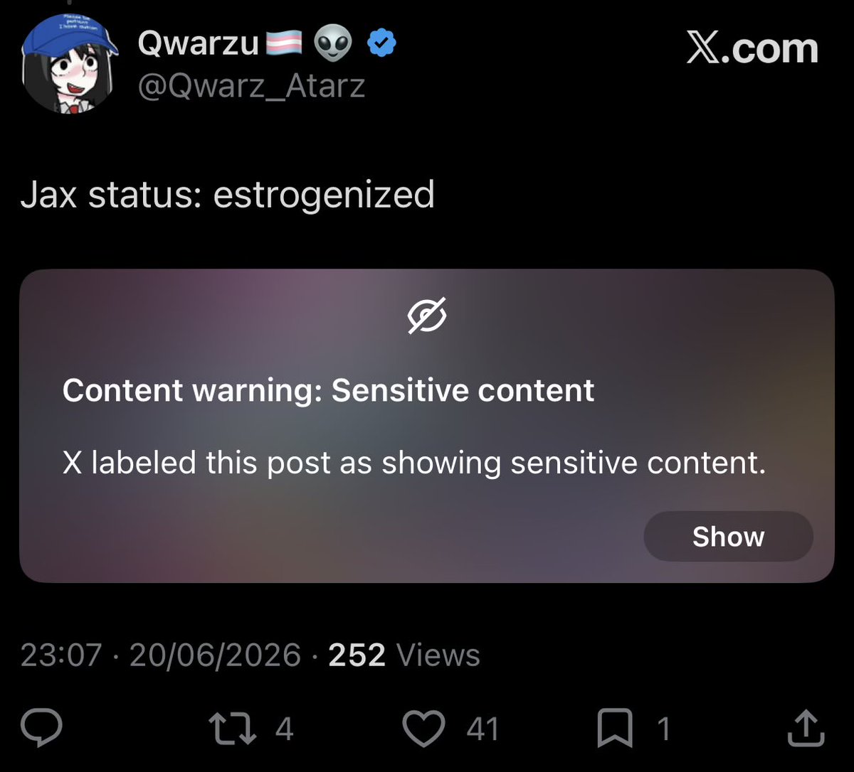 Axolator's tweet photo. @Qwarz_Atarz @FranYaoi xitter moderation wants to suppress jax trans nuke,,, fucked up,, https://t.co/QQOBFDKN3z