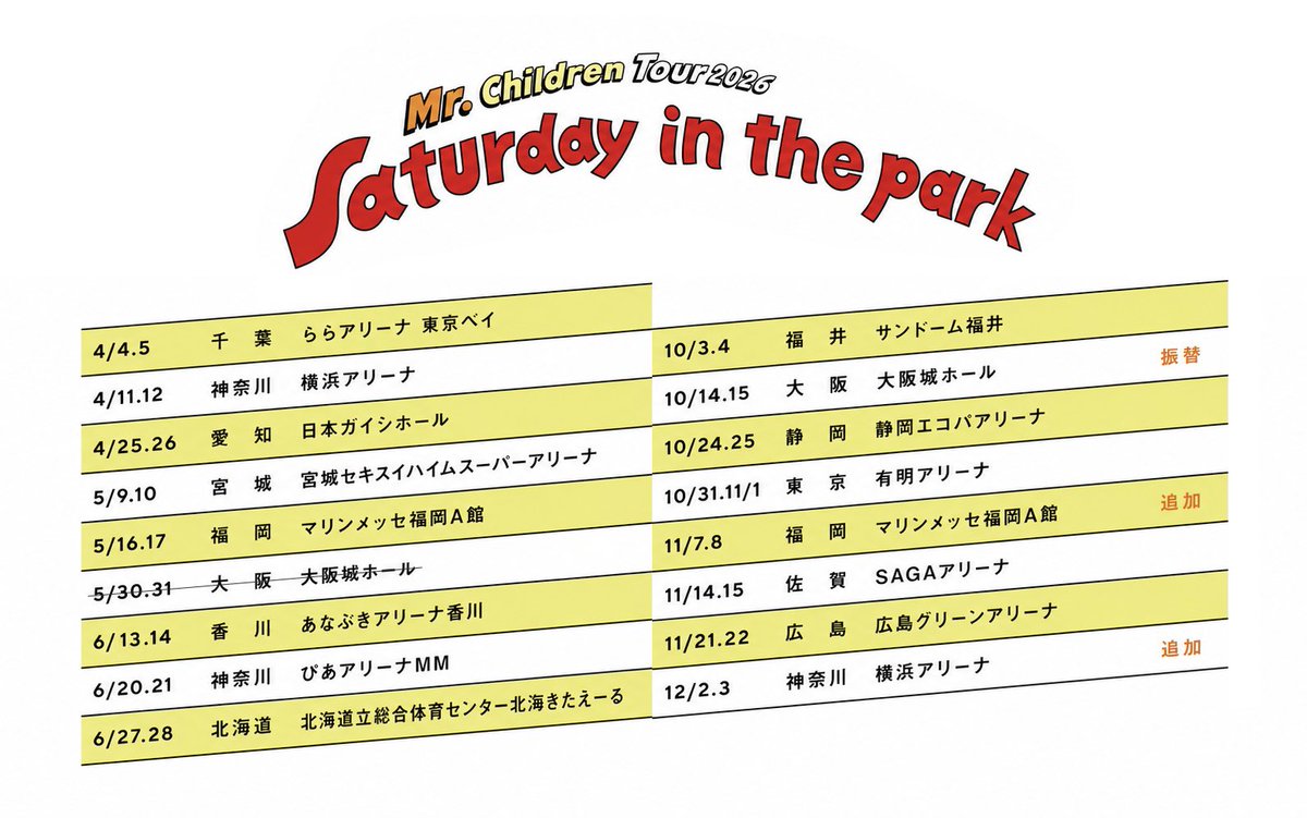 mrchildren_jp's tweet photo. ━━━━━━━━━━
Mr.Children Tour 2026
Saturday in the park
━━━━━━━━━━ 

本日6/21(日)は、
神奈川・ぴあアリーナMM公演2日目❗️
16時開演🕓

ツアー詳細▷ https://t.co/lQyjqCxT2o
グッズ詳細▷ https://t.co/HRJ1joVwgA

#MrꓸChildren #MrChildren
#Saturdayinthepark #産声 https://t.co/qeuYLmiBtO