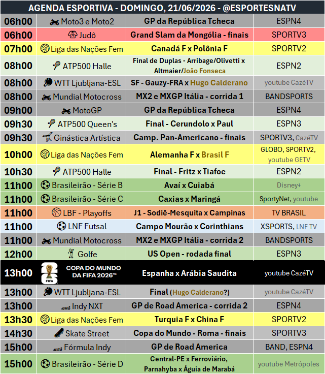 EsportesNaTV's tweet photo. A agenda esportiva deste DOMINGO (21/06/2026) https://t.co/SAYe49rCUx