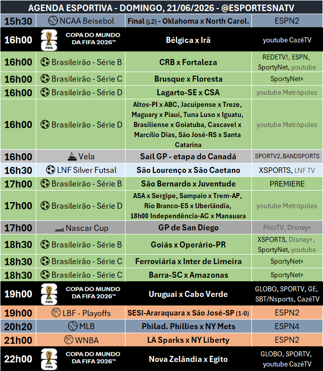 EsportesNaTV's tweet photo. A agenda esportiva deste DOMINGO (21/06/2026) https://t.co/SAYe49rCUx