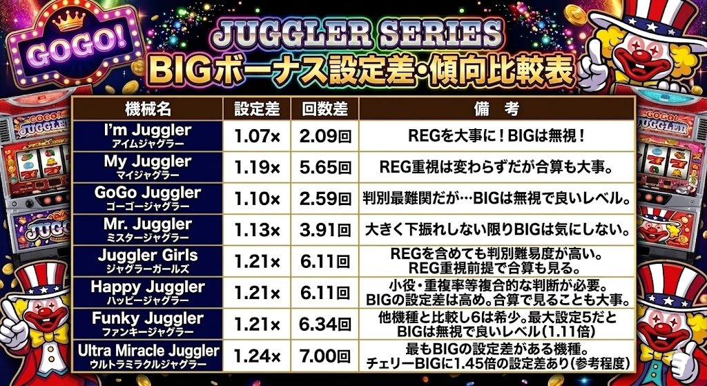 RiceFieldEX's tweet photo. 【ジャグBIGの真実 そろそろ決めようか】🔥
📌 保存版：設定差と8000G時回数差

■アイムジャグラー
✨設定差：1.07倍
🎯回数差：2.09回
👉 REGを大事に！BIGは無視！

■マイジャグラー
✨設定差：1.19倍
🎯回数差：5.65回
👉 REG重視は変わらずだが合算も大事。

■ゴーゴージャグラー
✨設定差：1.10倍
🎯回数差：2.59回
👉 判別最難関だが…BIGは無視で良いレベル。

■ミスタージャグラー
✨設定差：1.13倍
🎯回数差：3.91回
👉大きく下振れしない限りBIGは気にしない。

■ジャグラーガールズ
✨設定差：1.21倍 
🎯回数差：6.11回
👉REGを含めても判別難易度が高い。
　　REG重視前提で合算も見る。

■ハッピージャグラー
✨設定差：1.21倍 
🎯回数差：6.11回
 👉小役・重複率など複合判断が必要。
　　REG重視前提で合算も見る。

■ファンキージャグラー
✨設定差：1.21倍 
🎯回数差：6.34回
 👉他機種と比較し6は希少。
　　最大設定5だとBIGは無視で良いレベル（1.11倍）

■ウルトラミラクルジャグラー
✨設定差：1.24倍
🎯回数差：7.00回
👉最もBIGの設定差がある機種。
　　チェリーBIGに1.45倍の差あり（参考）

#ジャグラー #パチスロ #ジャグラーEXL