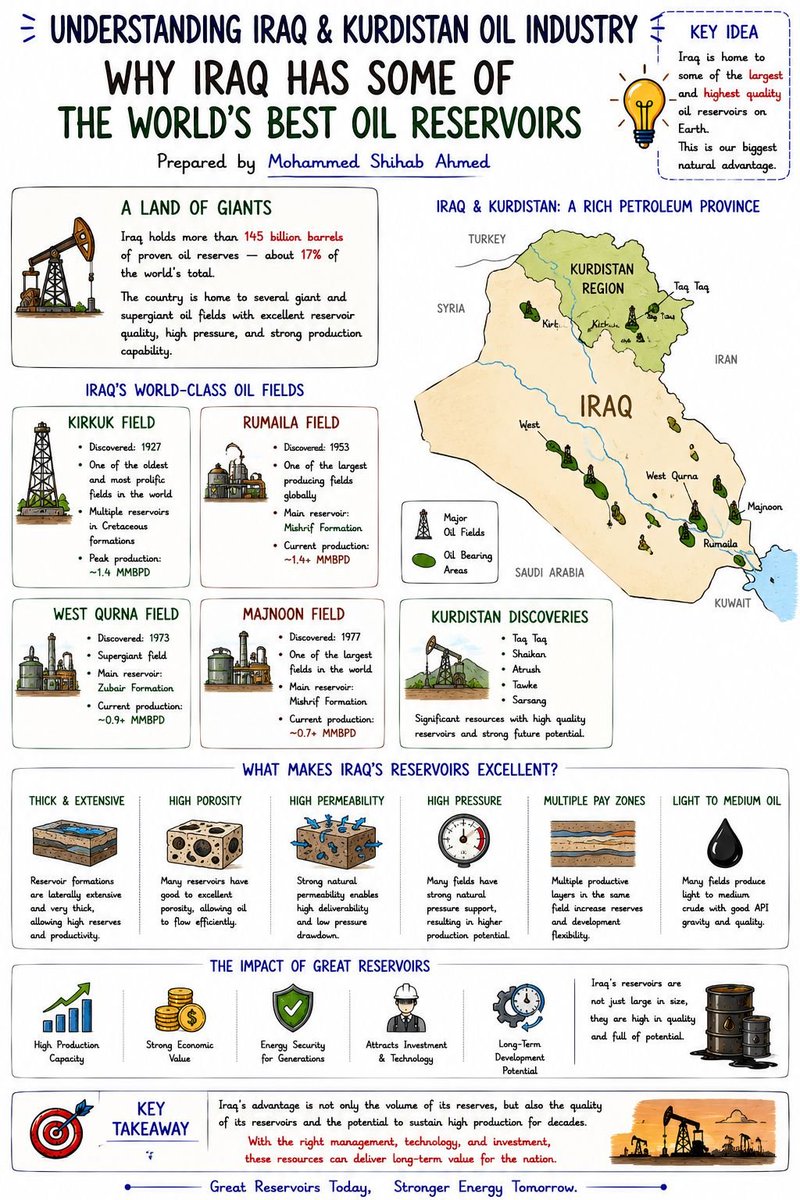 jackprandelli's tweet photo. 🛢️ Iraq sits on 145 billion barrels of proven reserves, about 17% of the world's total. 

The number that matters more is the one nobody quotes.

It's reservoir quality. 

Iraq's giants combine high natural pressure, high porosity, and high permeability, which means the oil flows to surface with minimal lift. 

That translates into some of the lowest production costs on earth.

The supergiants do the work: Rumaila pumps 1.4 mb/d, West Qurna 0.9, Majnoon 0.7, with Kirkuk producing since 1927. 

Mostly light to medium crude with good API gravity.

when prices fall and high-cost barrels get shut in, Iraq's barrels are the last to blink. 
Volume is the headline. 
Cost is the moat.

can above-ground risk ever stop matching the quality of what's below it?