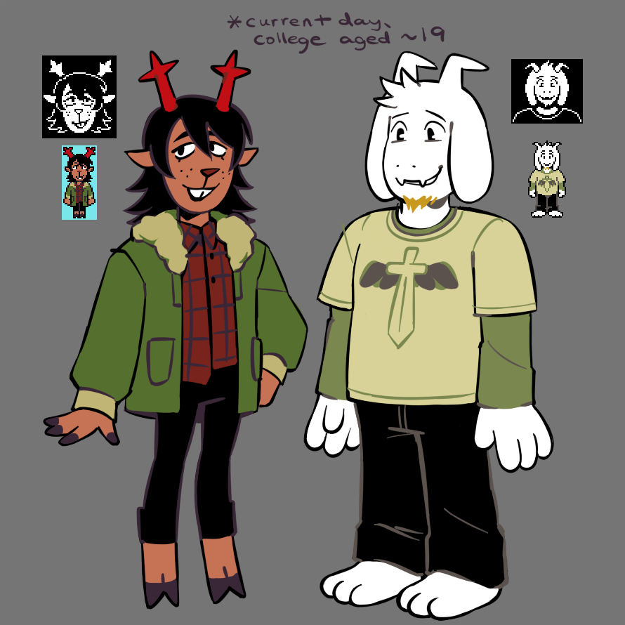 dvdexe's tweet photo. #utdr heres what you would look like if you were still around. i dont usually draw dess or asriel so theyre a little funny here but i'm happy with these designs. yes thats a sepulchritude shirt https://t.co/yRFOcr9M7u