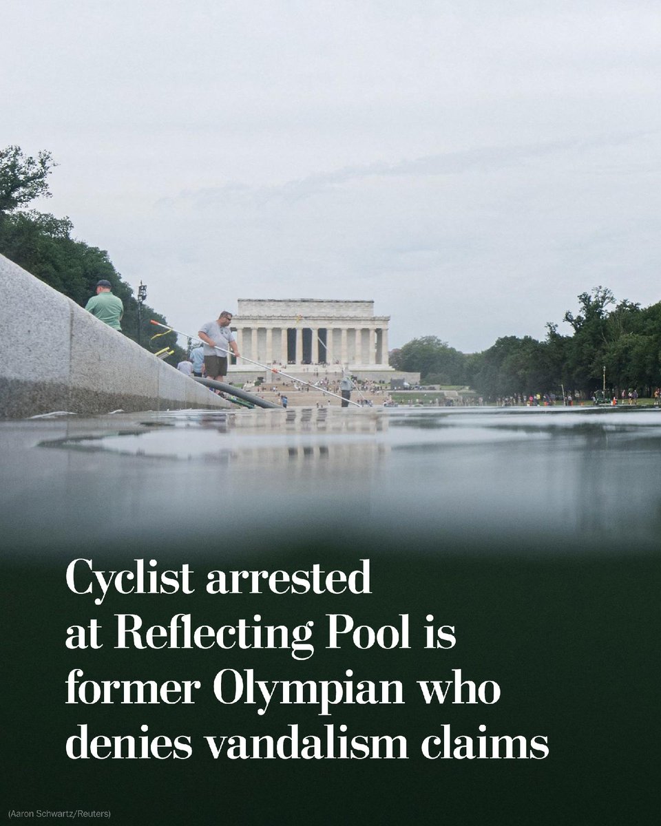 washingtonpost's tweet photo. Noticing a piece of the new “American flag blue” liner that was partially detached from the Reflecting Pool, David Hearn said he reached in to see what it felt like.

Moments later, U.S. Park Police officers arrested him on a misdemeanor charge of destruction of government property. https://t.co/uzLrJWlmkh