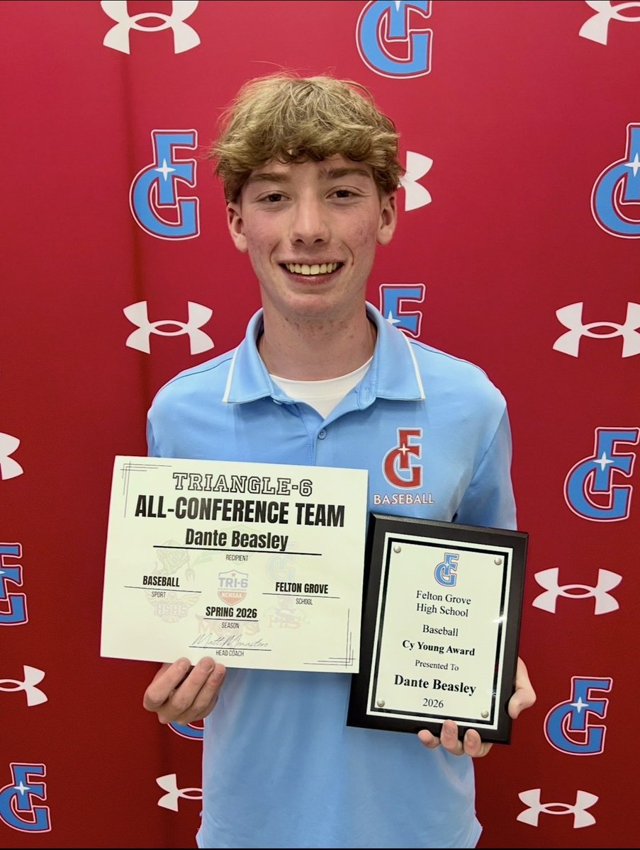 dbeasley44's tweet photo. Excited to complete my sophomore season of varsity baseball at Felton Grove High School. Honored to earn the Team Cy Young Award and First Team Tri-6 All-Conference recognition. Finished the season with 28 IP and 34 Ks. Thankful for my coaches, teammates, and family. https://t.co/anSomCKLUd