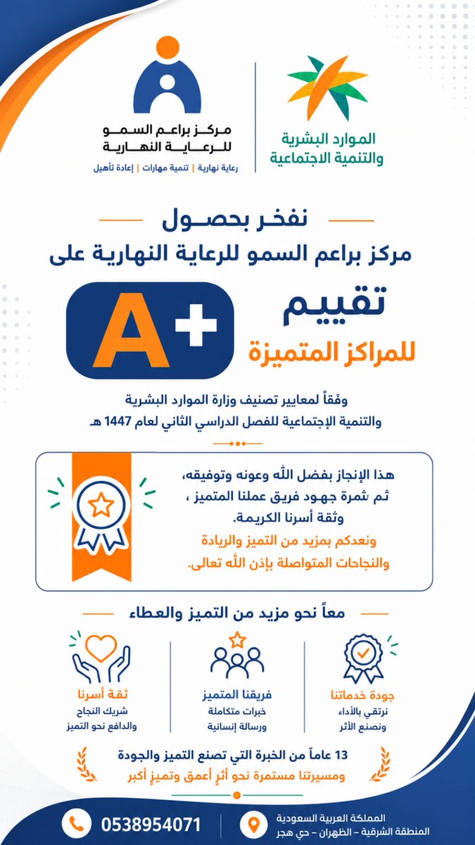 Braemalsumo's tweet photo. نزف التهاني  لنا جميعا أسرة براعم السمو إدارة ومنسوبات وآباء وأمهات  بمناسبة حصول مركزنا على التصنيف الأعلى لمراكز الرعاية النهارية (+A) 
للفصل الدراسي الثاني لعامنا الثامن على التوالي🥇
نتقدم بالشكر الجزيل لفريق عملنا وشركاءنا ونهدي النجاح للجميع 💞

مبارك لنا هذا الإنجاز 👏🏻🎖 https://t.co/iFqTr0143F
