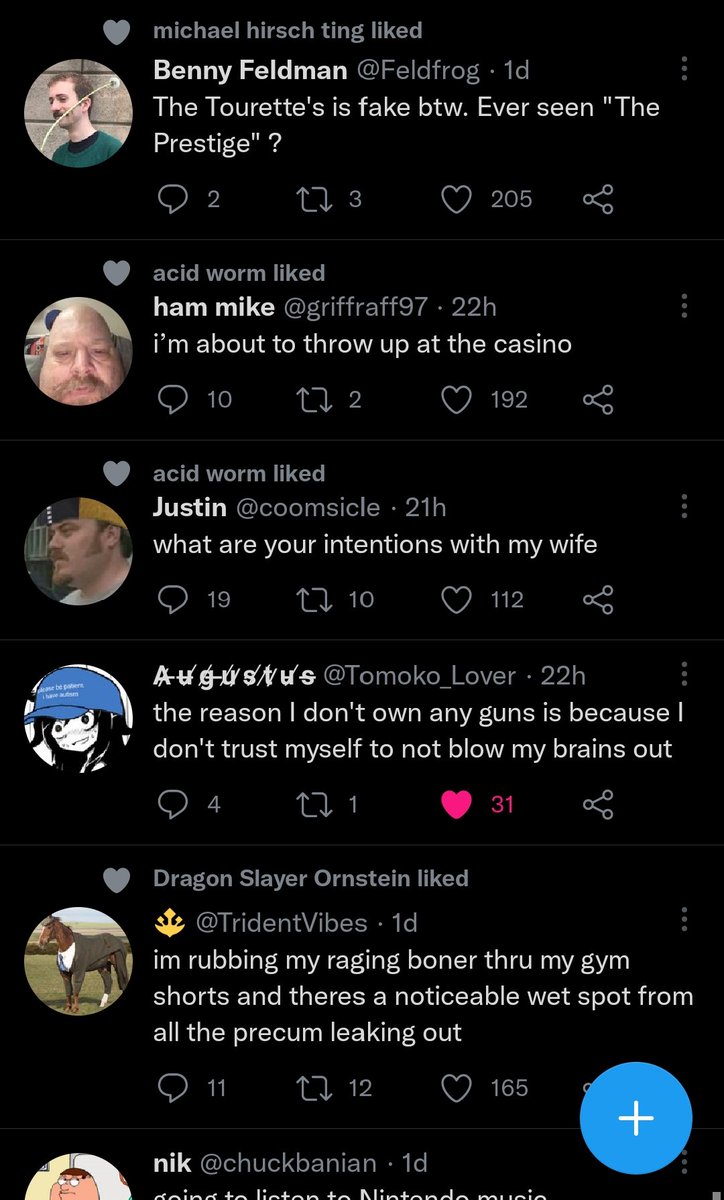 magicmintak's tweet photo. i was questioning why i dont see more funny stuff on my page anymore and then i checked most of the people i followed are gone. i wept and this was my timeline before that "for you" page bullshit. fuck that elon guy once more u piece of shit. https://t.co/hSL3VDKdgL