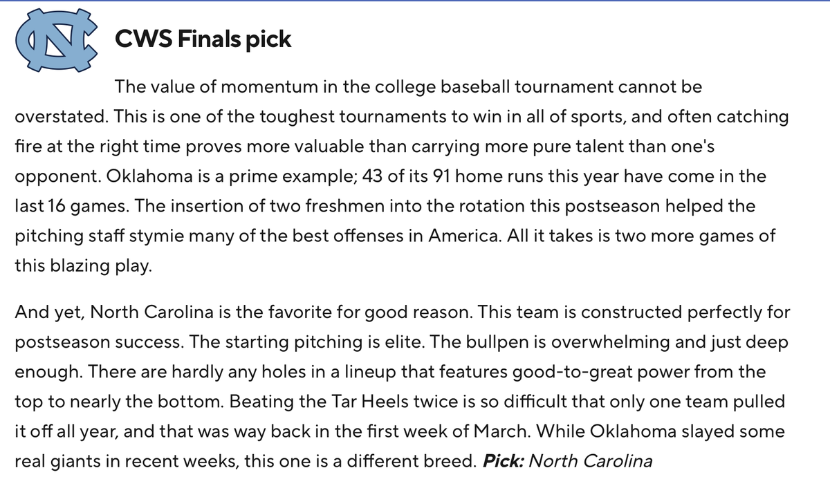 MrBowtie1982's tweet photo. Boerne's Camden Johnson had 2 hits, a walk, an RBI & 2 runs scored as Bowtie's alma mater Oklahoma beat North Carolina 9-3 in G1 of College World Series. 1 win from 1st baseball title since 1994 & making CBS Sports look dumb for giving OU 0 chance of beating Jordan Hudson High.

@Camdenkj12 @LeonKadyn @biggz_23 @OU_Baseball @No3sports @SSN_Oklahoma @GreyhoundBSB @LTCavBaseball @CTJbaseball @NCAABaseball @CWSShotBoard @CWSOmaha @Rickyprep @var_austin #oklahomasooners #cws #collegeworldseries #mcws @BoerneStarSport @SoonersCoachJB #MCWS #RoadToOmaha @LeechStan  #boomersooner @210Preps
