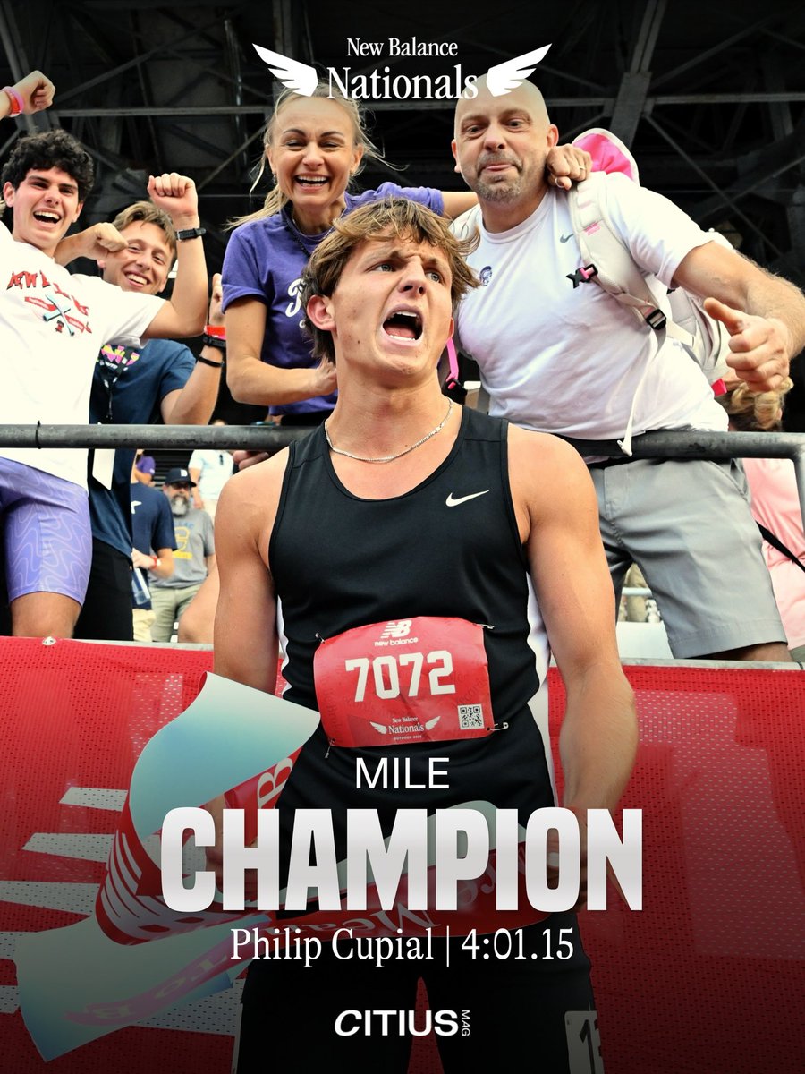 CitiusMag's tweet photo. DOWNER’S GROVE IS ON 🔝!

Philip Cupial moves up from 3rd to 1st on the final lap, closing in 55.21 to take home the #NBNO mile title in 4:01.15.

In Cupial’s NBN debut, the future Virginia Cavilier is a national champion 👏 https://t.co/bvvVaznidw