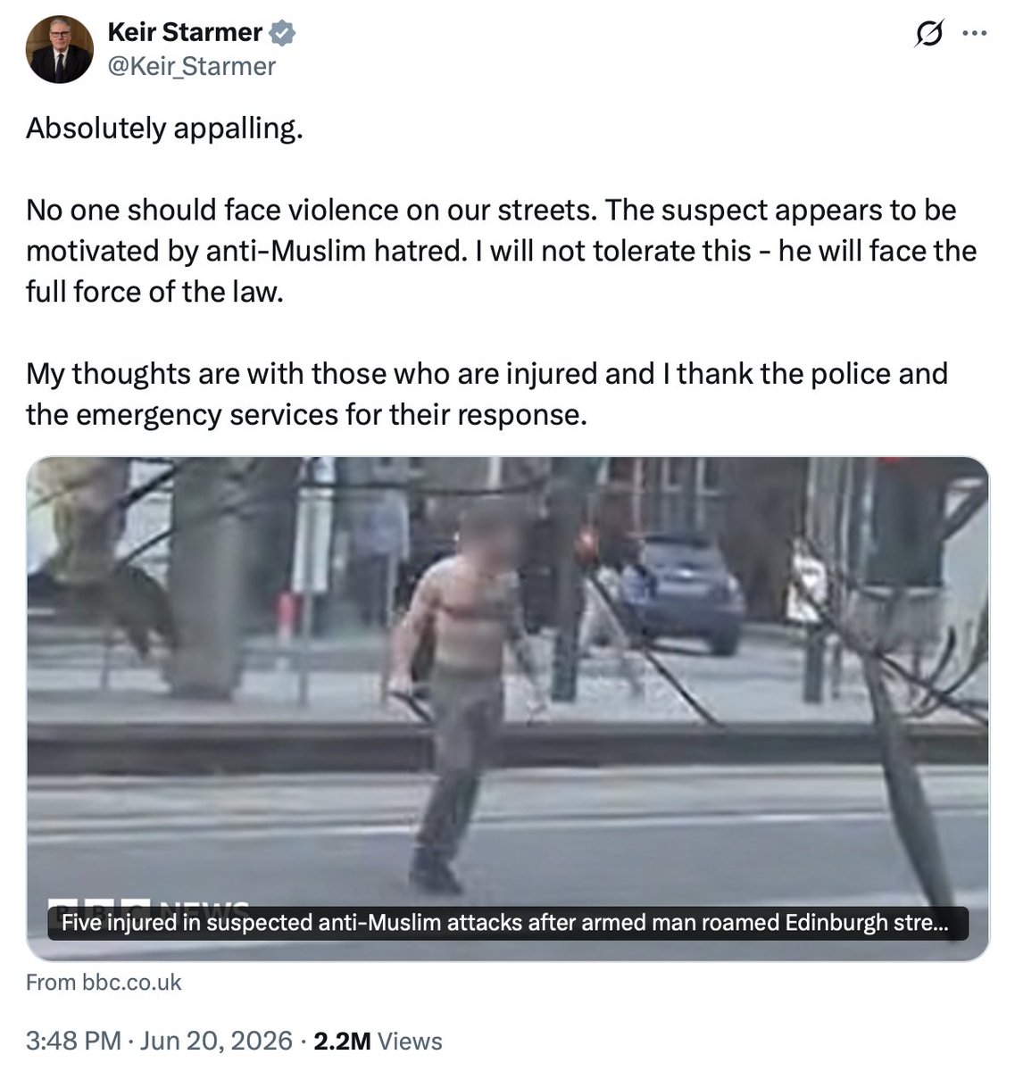 WallStreetMav's tweet photo. When Keir Starmer was asked last week about the 250k+ British girls r@p3d by Muslim gangs, he said the issue is “overblown,” so he’s doing nothing about it.

Now, after a lunatic attacked 5 Muslims, he says he’s committing every resource to punish him.

Starmer hates Britain. https://t.co/NtLrRM5nN9