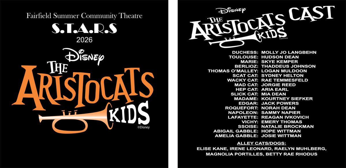 FCSDNews's tweet photo. Fairfield Summer Theatre STARS camp for 1st-8th graders culminates next weekend w/4 performances of 2 family-friendly shows @ FHS PAC: The Jim &amp; Pat Davis House! Aristocats Kids - Fri. 6/26 @ 7p &amp; Sat. 6/27 @ 3:30p. The Lion King Jr. - Sat. 6/27 @ 1 &amp; 7p
https://t.co/X0S7Zoja8S https://t.co/nFVa2wD4Hw