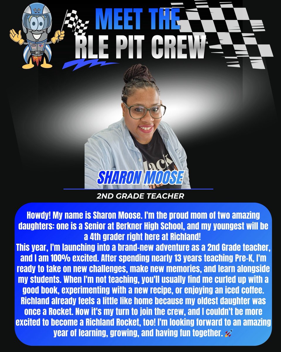 RLErockets1's tweet photo. 🏎️🏁 START YOUR ENGINES! 🏁🏎️

Another incredible member has joined the RLE Pit Crew! Please help us welcome Ms. Sharon Moose, our new 2nd Grade Teacher! 🎉

After nearly 13 years in Pre-K, Ms. Moose is excited to begin a new adventure in 2nd grade and continue learning and growing alongside her students. A proud Richland parent, she already knows what makes our Rocket family so special as her oldest daughter is a former Rocket, and her youngest will be a 4th grader at RLE this year! 🚀❤️

When she’s not teaching, you’ll likely find her with a good book, trying a new recipe, or enjoying an iced coffee. ☕📚 We are so excited to have Ms. Moose on board and can’t wait to see all the amazing things she’ll accomplish with our students this year! 🏎️💨🏁 @billgattus @HeyMissMoose