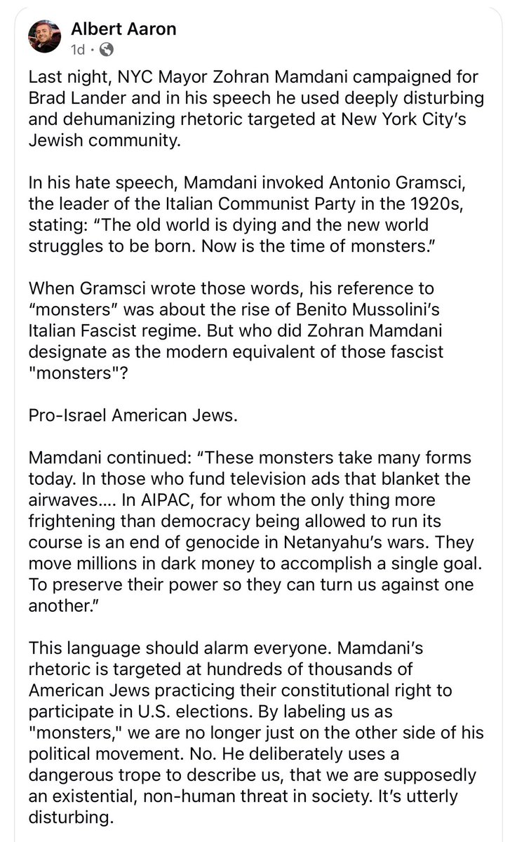 KayeSteinsapir's tweet photo. This should be widely read. I’ve been trying to explain to some of my non-Jewish friends why @NYCMayor is dangerous for American Jews. Many of us saw it from the beginning, and it will only become more apparent.

How does anyone who cares about social justice and equal rights under the law think it’s ok for Mamdani to suggest American Jews are “monsters” for exercising the same rights to lobby the US government that every other American has?

Mamdani is “othering” American Jews, questioning our patriotism, and blatantly dehumanizing us. 

Why is a US city mayor constantly speaking about about a tiny foreign country that’s over 5k miles away 🤨? The US city with the largest Jewish population. Whom he pretends to support, along with a phony smile, if they’re “the right kind” of Jew. 

It echoes back to a dark chapter in history. The Jews have always been the canary in the coal mine, signaling a sick society that devalues individual rights and oppresses minorities. It never ends with us. It won’t this time. @KathyHochul