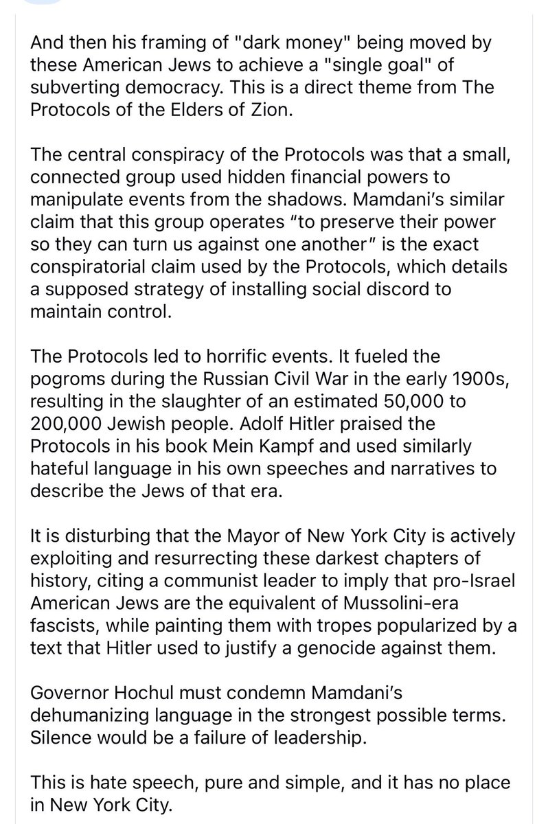 KayeSteinsapir's tweet photo. This should be widely read. I’ve been trying to explain to some of my non-Jewish friends why @NYCMayor is dangerous for American Jews. Many of us saw it from the beginning, and it will only become more apparent.

How does anyone who cares about social justice and equal rights under the law think it’s ok for Mamdani to suggest American Jews are “monsters” for exercising the same rights to lobby the US government that every other American has?

Mamdani is “othering” American Jews, questioning our patriotism, and blatantly dehumanizing us. 

Why is a US city mayor constantly speaking about about a tiny foreign country that’s over 5k miles away 🤨? The US city with the largest Jewish population. Whom he pretends to support, along with a phony smile, if they’re “the right kind” of Jew. 

It echoes back to a dark chapter in history. The Jews have always been the canary in the coal mine, signaling a sick society that devalues individual rights and oppresses minorities. It never ends with us. It won’t this time. @KathyHochul
