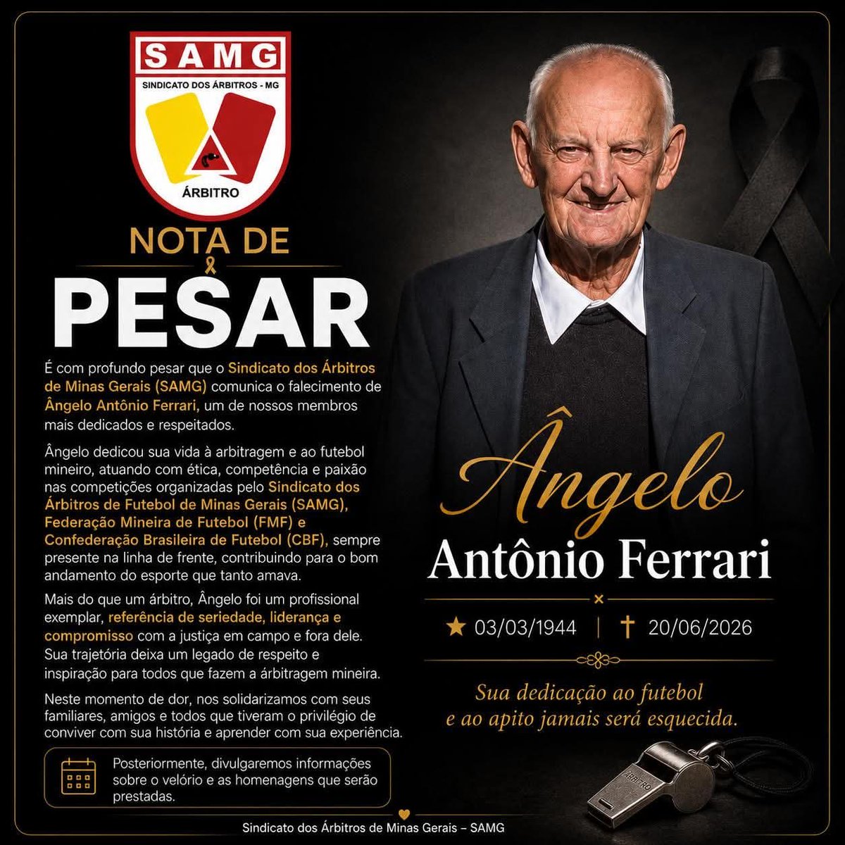 agesporte's tweet photo. Morre o ex-árbitro mineiro Ângelo Antônio Ferrari. https://t.co/WDUxbkqB4H