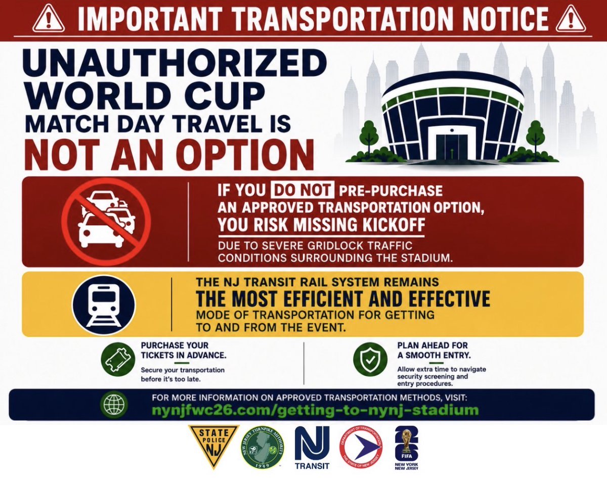 NJSP's tweet photo. Unauthorized World Cup Match Day Transportation is not optional - secure your approved travel in advance. https://t.co/x4RKqlqKjL
