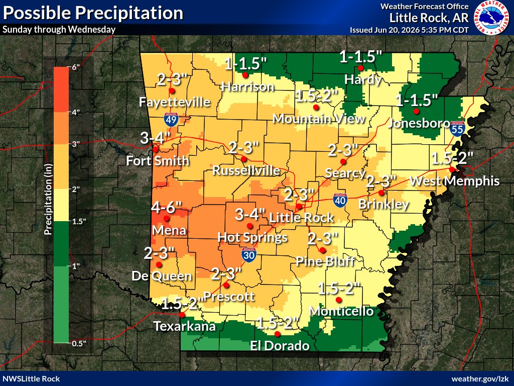 Several rounds of precipitation are expected from Sunday through the middle of next week as the weather pattern remains active. The highest amounts of rain are likely to fall over western and west central Arkansas.