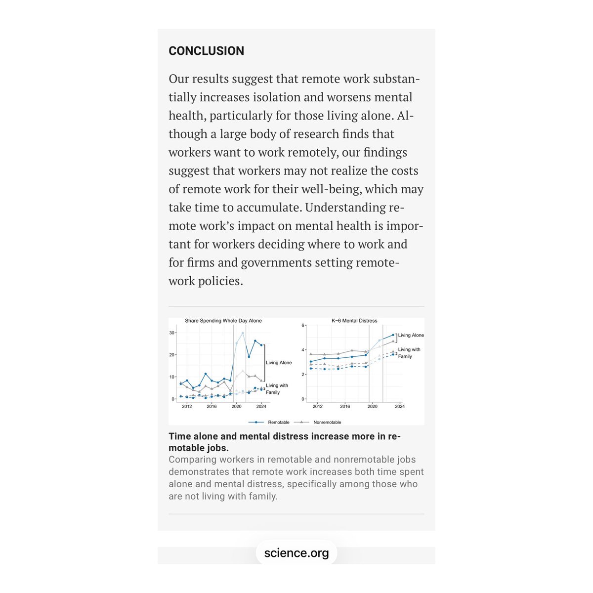DavidBahnsen's tweet photo. One of the most troubling reports I have read in what is now six years of diligently studying the calamity of remote work.  Many have been willing to ignore the simply obvious negative impact this idea had on a company’s own performance and culture.  Many have been willing to ignore the lack of mentorship and professional development it fostered for early career workers.  But will people also ignore the scientifically documented impact on the mental and emotional well-being of the workers?