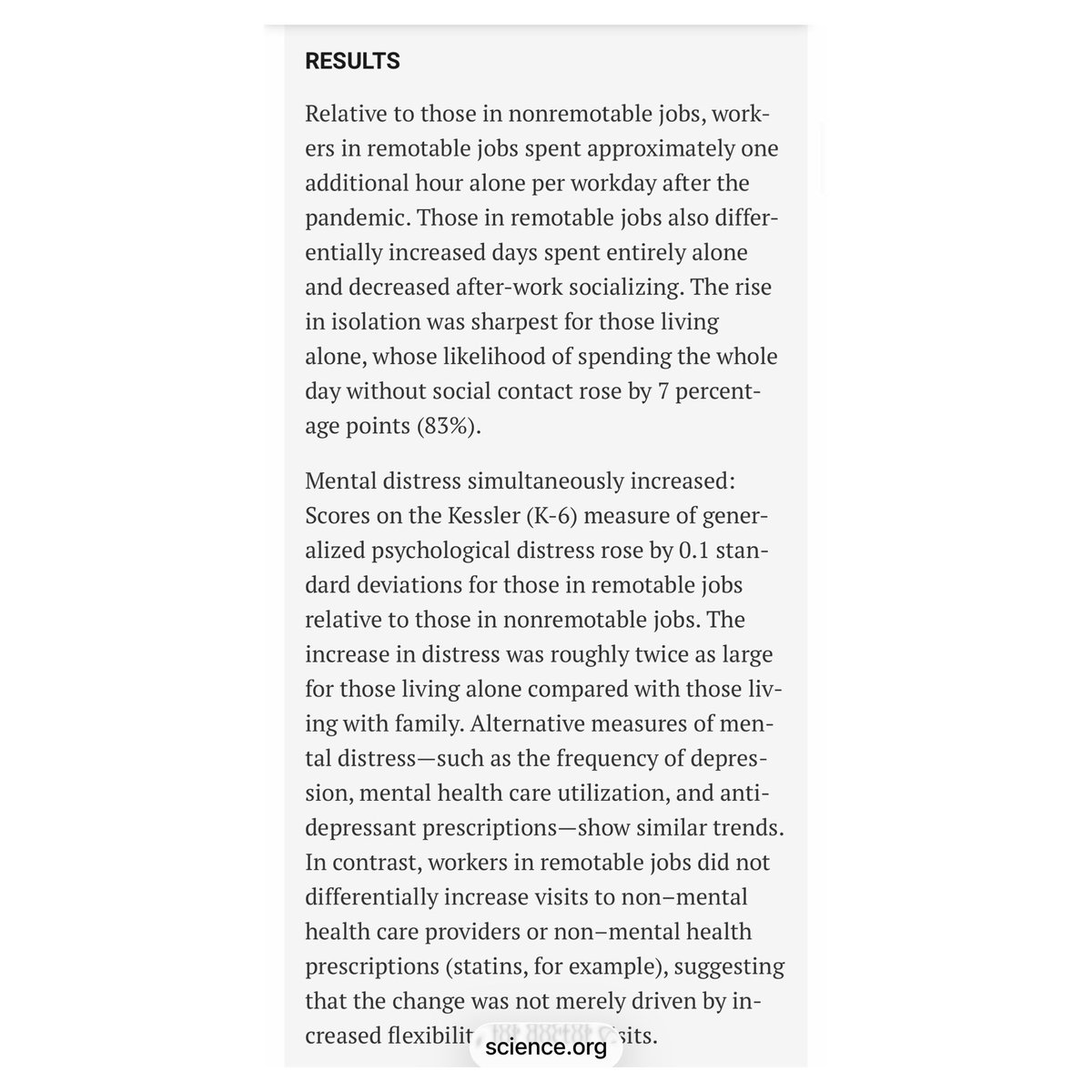 DavidBahnsen's tweet photo. One of the most troubling reports I have read in what is now six years of diligently studying the calamity of remote work.  Many have been willing to ignore the simply obvious negative impact this idea had on a company’s own performance and culture.  Many have been willing to ignore the lack of mentorship and professional development it fostered for early career workers.  But will people also ignore the scientifically documented impact on the mental and emotional well-being of the workers?