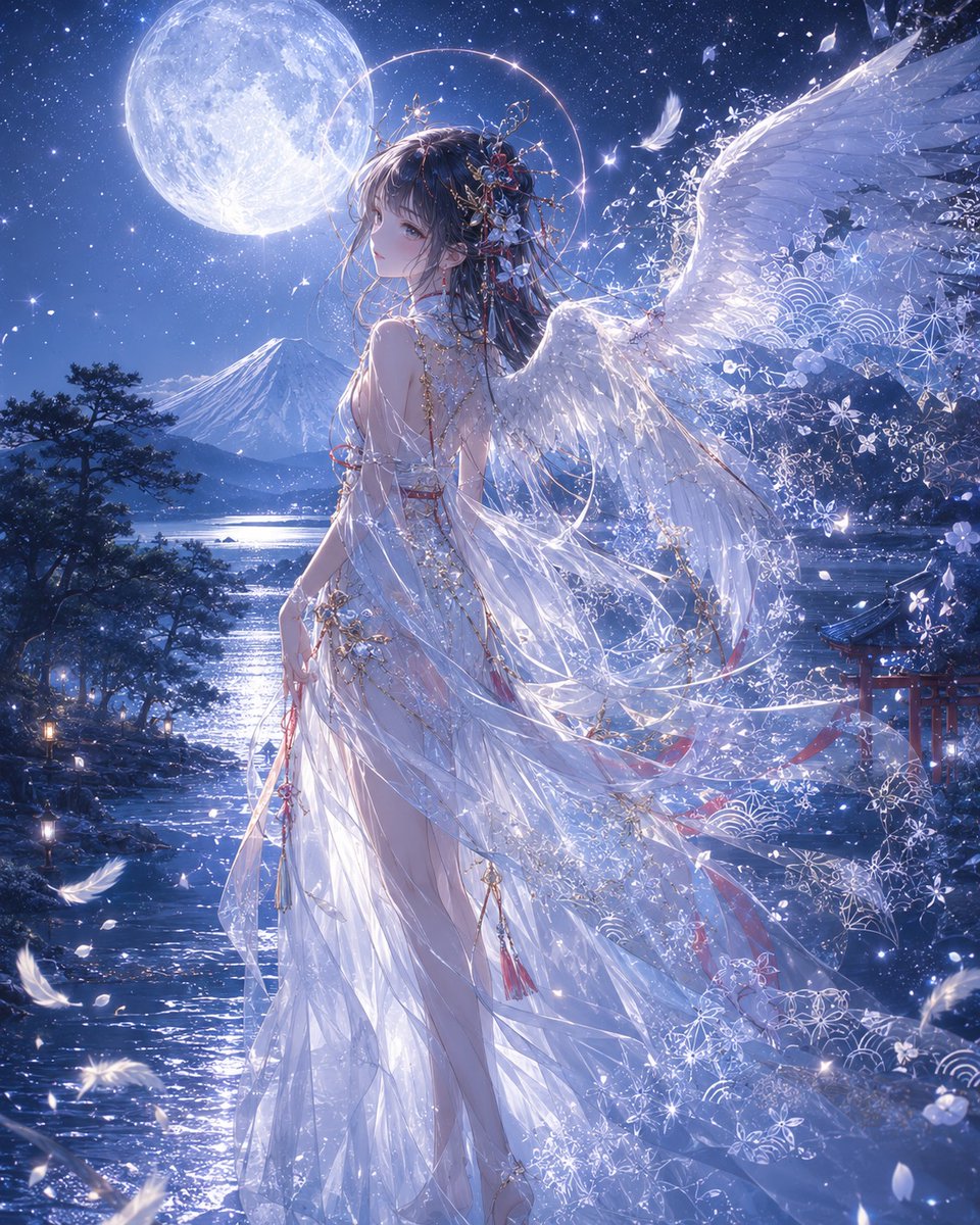 和柄 × 天使】 月光に透ける羽衣。 富士を背に、白い翼がほどけていく