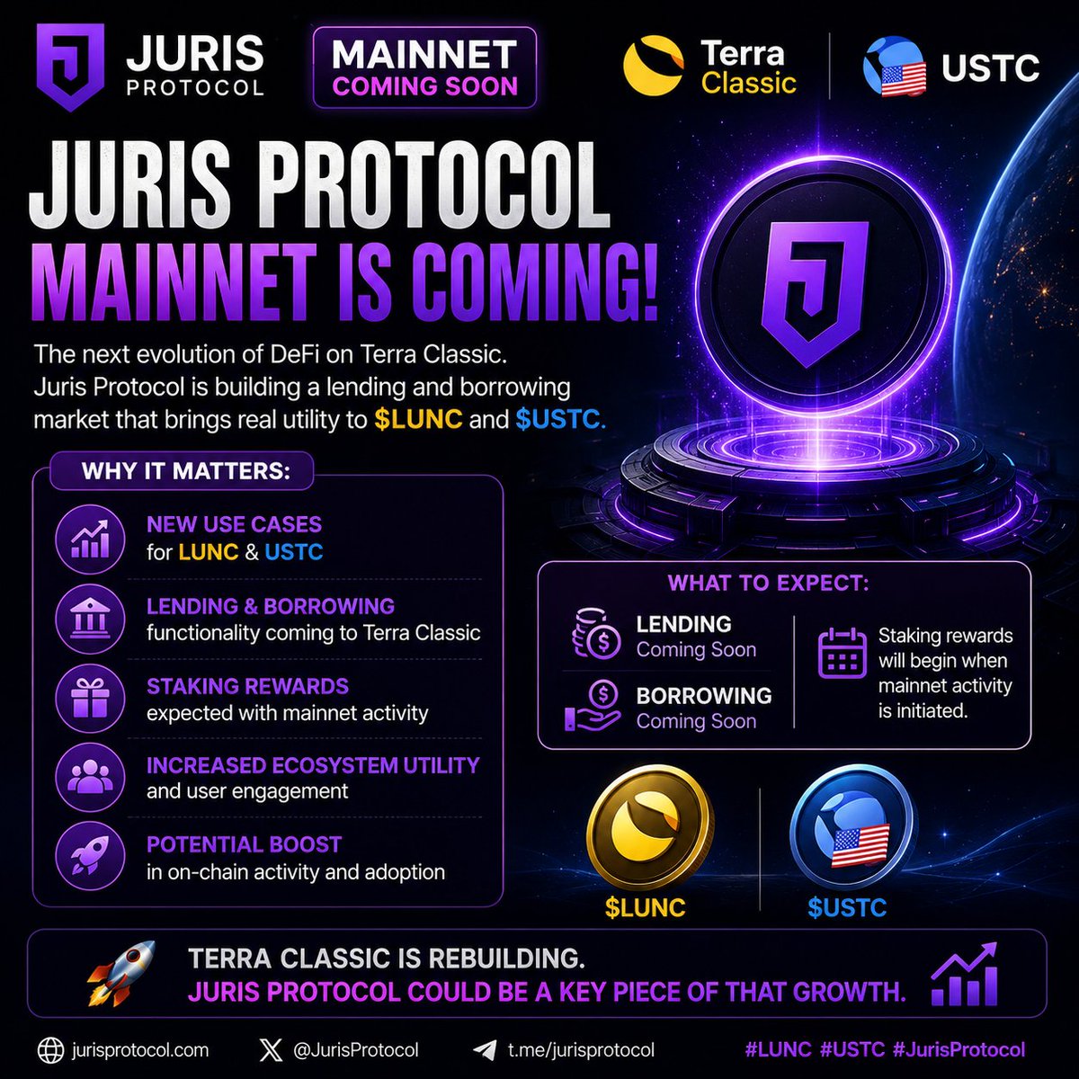MarcioFSMacedo's tweet photo. 🚨 BIG NEWS FOR #LUNC 🚨
The launch of Juris Protocol Mainnet is getting closer!
Juris is building a lending and borrowing market on the Terra Classic ecosystem, bringing real utility to both $LUNC and $USTC.
Why it matters:
✅ New use cases for LUNC & USTC
✅ Lending and borrowing functionality
✅ Staking rewards expected with mainnet activity
✅ Increased ecosystem utility and engagement
✅ Potential boost in on-chain activity
Terra Classic is steadily rebuilding its DeFi ecosystem, and Juris Protocol could become a key piece of that growth.
The future of #LUNC is being built one utility at a time. 🌙🚀
#TerraClassic #USTC #JurisProtocol #Crypto #DeFi #Binance #BNB #LUNCCommunity #Altcoins #BullMarket #CryptoNews #LUNCArmy 🚀🔥