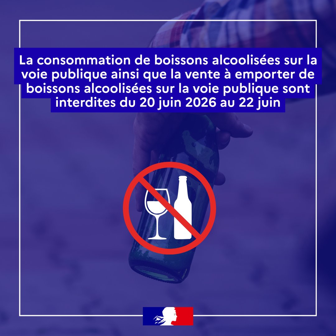 Prefet91's tweet photo. #Sécurité | En raison de l'épisode de canicule et des festivités de la fête de la musique, la consommation de boissons alcoolisées sur la voie publique ainsi que la vente à emporter de boissons alcoolisées sur la voie publique sont interdites par arrêté préfectoral sur l'ensemble du département de l'Essonne.  

📅 Du samedi 20 juin 2026 à 22h30 au lundi 22 juin 2026 à 08h00.  

⚠️ Cette mesure vise à prévenir les risques pour la santé liés aux fortes chaleurs ainsi qu'à garantir la sécurité et la tranquillité publiques durant les festivités de la Fête de la musique.  

📄 Consultez l'arrêté préfectoral : https://t.co/pMqnlyRHkf