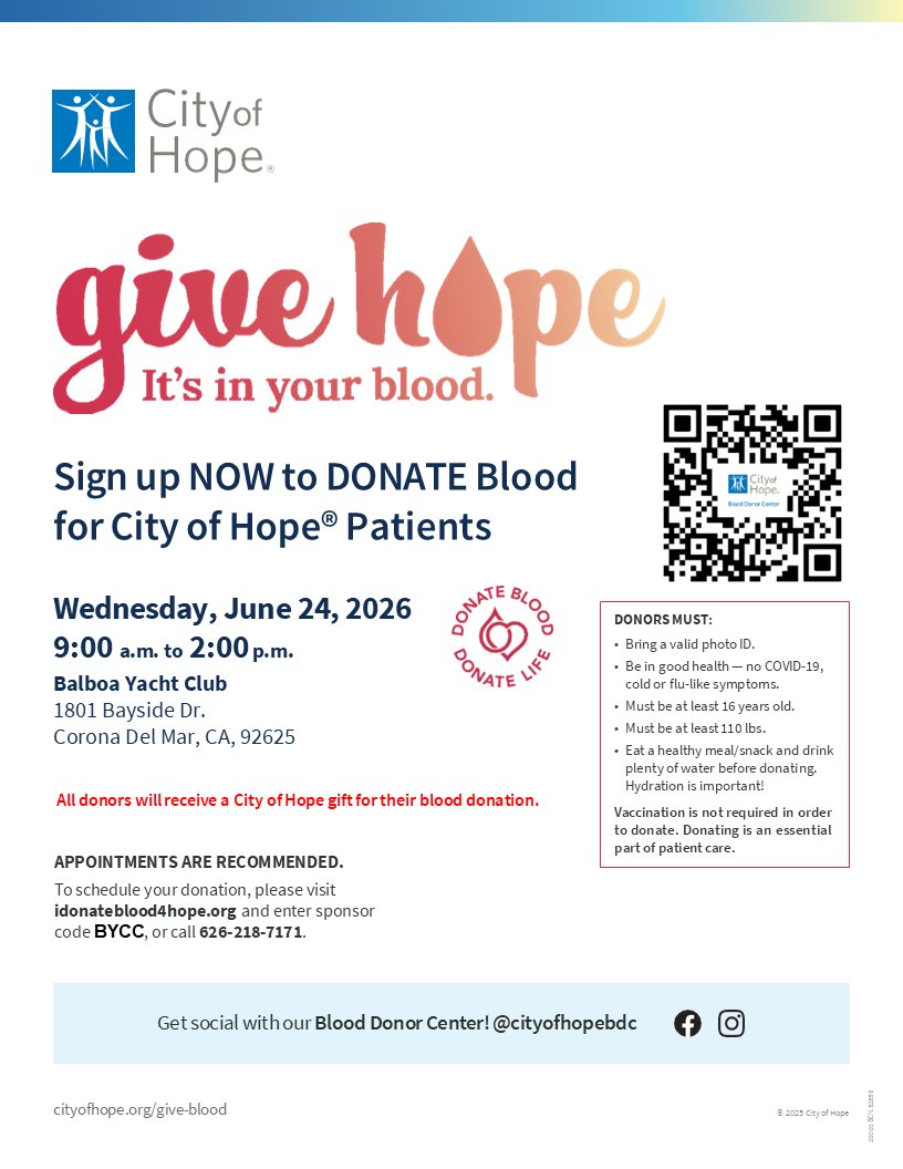 balboayc's tweet photo. It's not too late to reserve your spot! Sign up through the QR code! Give back in a meaningful way by joining us for our upcoming Blood Drive with City of Hope.

A note from Nancy Davidson: "Please consider this as your invitation to come help me celebrate my 1st re-birthday! Last year, you may recall, I went through a life changing Stem Cell Transplant at City of Hope. It was truly an eye opening experience. As I was lying in my hospital bed, I was inspired by the amount of caring and love that literally poured out of not only my Balboa Yacht Club family, but the local sailing community as a whole during the blood drive held in my honor at BYC. Almost every transfusion I received came from the blood drive in our parking lot! Thank you! It is definitely a life saving necessity for anyone going through what I went through, or cancer in general. You all have inspired me to pay it forward for those who are and will be in need. Cancer doesn’t take a break. I hope you all will come down and help me celebrate my new life while at the same time helping others." 

#BalboaYachtClub