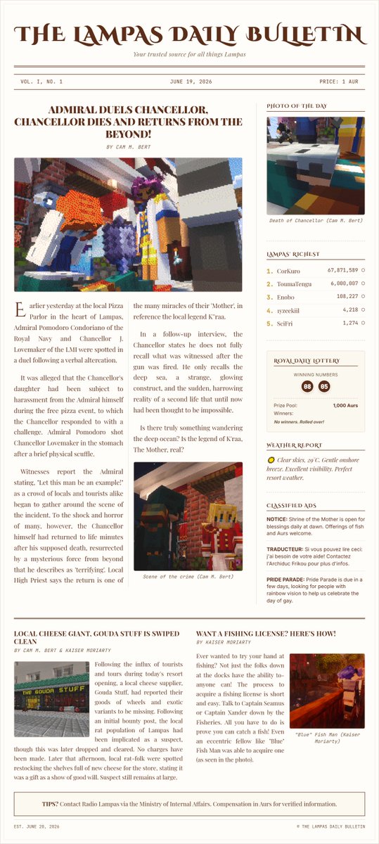 raianvalerius's tweet photo. Lampas Daily Bulletin, Vol. I, No. 1 ー Out now! 
by Cam M. Bert and Kaiser Moriarty

(Yes, it's real!!) 
#TheLastResort https://t.co/0ZDllm1eMx