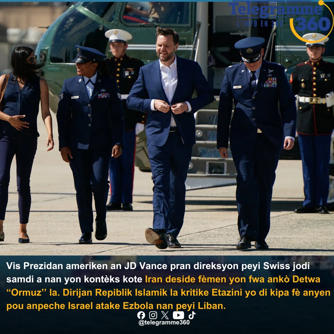 telegramme360's tweet photo. Tandis que les forces iraniennes affirment avoir fermé le détroit d’Ormuz en représailles à la reprise des hostilités entre Israël et le Hezbollah libanais, le vice-président américain JD Vance s’est envolé ce samedi pour la Suisse avec deux objectifs clairs dans son agenda : le dossier nucléaire et l’arrêt des hostilités.

« Je ne pourrai rester sur place qu'un jour ou deux », a déclaré M. Vance aux journalistes à la base interarmées Andrews avant son départ. « J'espère que nous allons progresser sur la question du nucléaire et sur celle du cessez-le-feu au Liban. Ce sont les deux points majeurs sur lesquels nous allons nous concentrer. »

La situation du détroit d'Ormuz est devenue confuse ce samedi (20 juin 2026) car au moment où l'armée iranienne affirmait avoir de nouveau fermé cette voie maritime stratégique à la circulation, l'armée américaine de son côté indiquait que des navires continuaient de l'emprunter, laissant ainsi en suspens un élément clé de l'accord de paix préliminaire entre les États-Unis et l'Iran. #IranWar‌ @nytimes #telegramme360