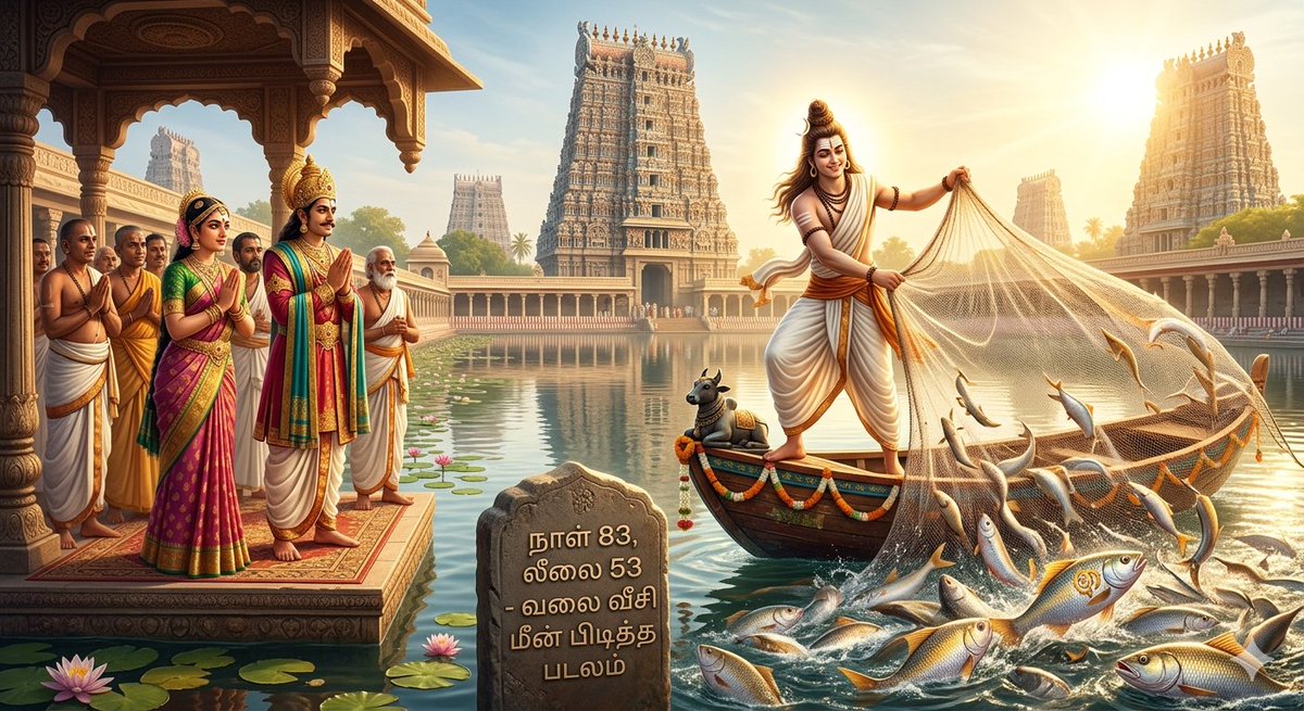 Brasilwale's tweet photo. ருத்ர தரிசனம் 🔱 –

​நாள்: 83

​தொடர்: திருவிளையாடல் புராணம் (லீலை 53)

​தலைப்பு: வலை வீசி மீன் பிடித்த படலம்

​மதுரையை ஆட்சி செய்த மலையத்வஜ பாண்டியனின் மகள் தடாதகை பிராட்டிக்கு (மீனாட்சி அம்மன்) ஈசன் மணக்கோலத்தை வெளிப்படுத்திய பின், அந்தப் பாண்டிய மன்னனின் குலதெய்வமாகச் சிவபெருமான் வலை வீசி மீன் பிடித்துக் காட்டிய லீலை இது! 🐟🛶✨

​📜 சுருக்கமான கதை:

​மீனவர் வேடம்: மீனாட்சி அம்மன் அவதாரம் எடுத்த பிறகு, பாண்டிய மன்னனுக்கு ஈசன் தன் அருளைப் புரிய மீனவர் வடிவம் தாங்கி வந்தார்.

​வலை வீசிய ஈசன்: வைகை ஆற்றில் ஒரு மீனவராகத் தோன்றி, அரிய வகை மீன்களைப் பிடித்து, பாண்டிய மன்னனுக்கு அந்த ஆற்றின் பெருமையையும், அதன் வளத்தையும் உணர்த்தினார்.

​அருள் காட்சி: வெறும் மீன் பிடிப்பது மட்டுமல்லாமல், மன்னனுக்குத் தன் உண்மையான சொரூபத்தைக் காட்டி, அவன் குலத்தை ஈசன் ஆசிர்வதித்தார். பாண்டிய மன்னன் வம்சத்திற்குத் தான் பாதுகாவலன் என்பதை உறுதிப்படுத்தும் படலம் இது.

​✨ இன்றைய வாழ்வியல் நீதி:

​"இறைவன் நமக்குக் காட்டும் வழிகள் நமக்கு சாதாரணமானதாகத் தெரிந்தாலும், அதன் பின்னால் நம் குடும்பத்தின் மற்றும் வாழ்வின் பாதுகாப்பை உறுதி செய்யும் ஒரு பெரிய அருள் நிறைந்திருக்கும்." நாம் சரியான பாதையில் சென்றால், இறைவனே நம் பாதுகாவலனாக இருப்பார்!

​நண்பர்களே!

​✨ ஜோதிடம் & வாழ்வியல் ஆலோசனை | யூத் கவுன்சிலிங்.
தேஜஸ் 🙏 
​🎯 உங்கள் லட்சியப் பயணத்தின் வழிகாட்டி! 
​📍 Fortaleza, Brasil
பயோ (Bio)-, வாட்ஸ்அப் லிங்க் மூலம் என்னைத் தொடர்பு கொள்ளுங்கள்.

​வாழ்க வையகம்!
 வாழ்க வளமுடன்! 🇮🇳