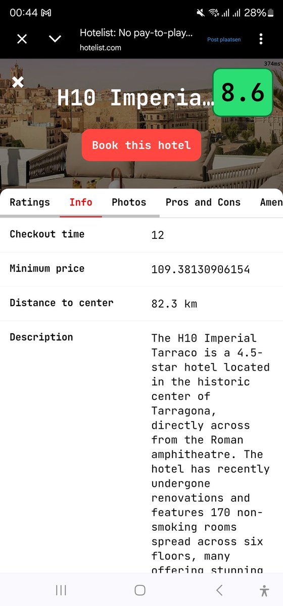 kwebeman's tweet photo. @levelsio Some hotel information is occasionally incorrect. In this case, the hotel is in the centre of Tarragona (as stated in the text), but the details incorrectly show the city centre as 82 km away. It also wrongly lists the hotel as being in Barcelona. https://t.co/HmDpfeueo3